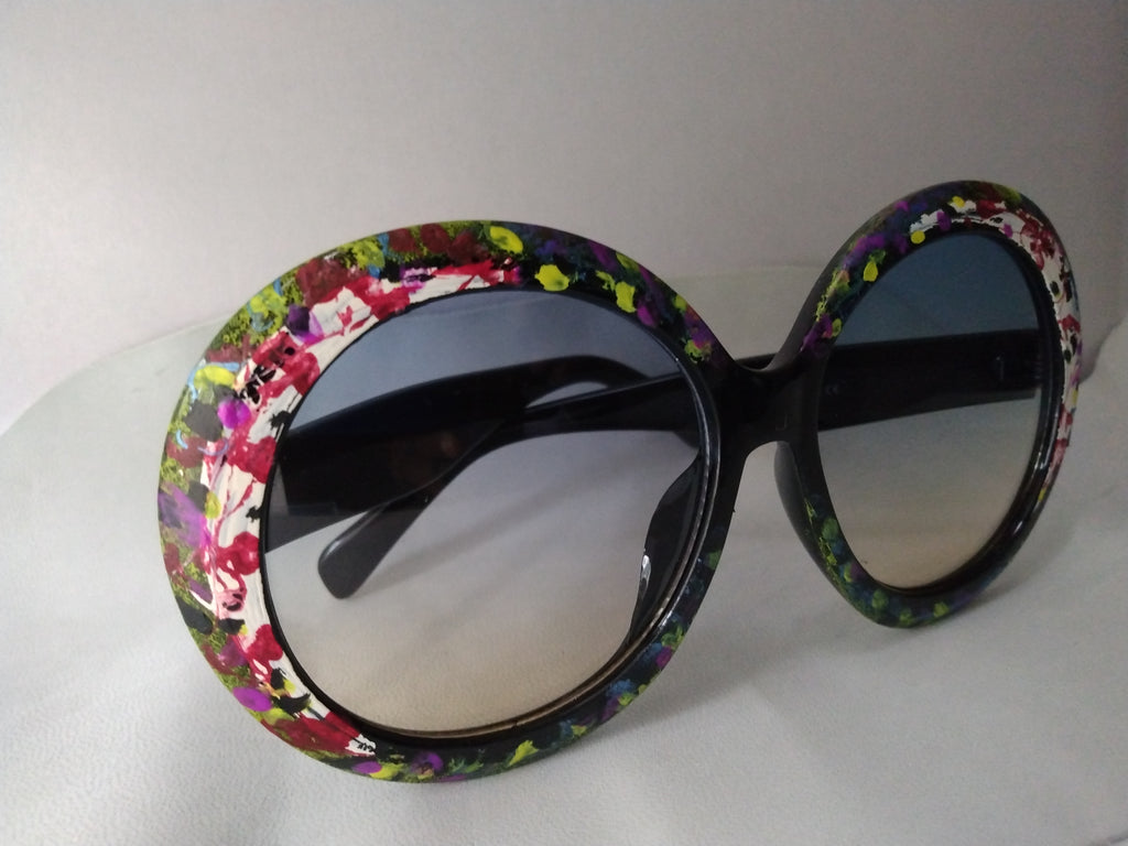 Handpainted Floral Design Sunglasses Black Frames