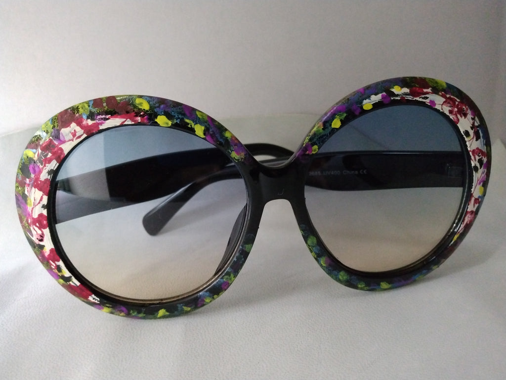 Handpainted Floral Design Sunglasses Black Frames