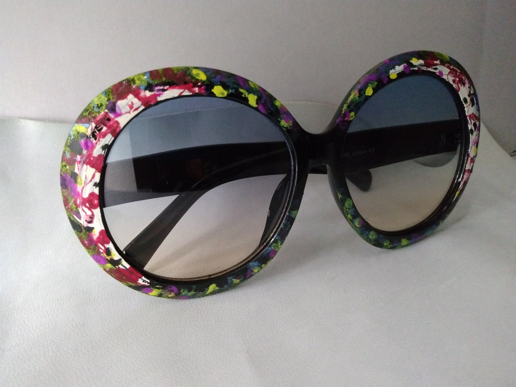 Handpainted Floral Design Sunglasses Black Frames