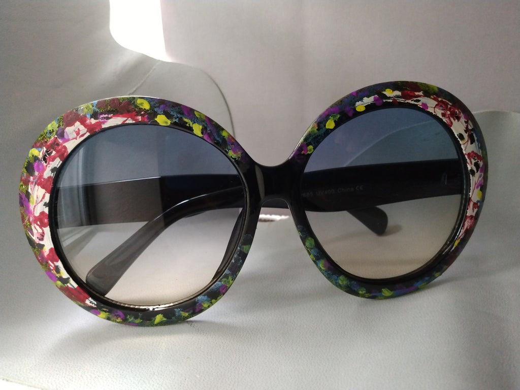 Handpainted Floral Design Sunglasses Black Frames