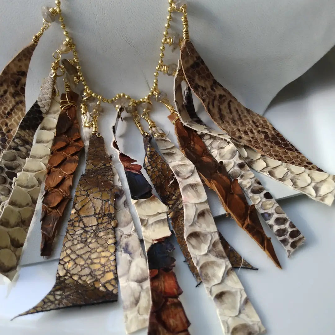 Leather fringe neck piece matching earrings set brown earth tone colors