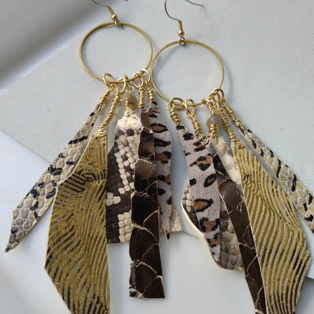 Leather fringe neck piece matching earrings set brown earth tone colors