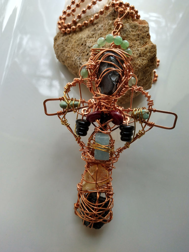 "Boho chic handcrafted crystal cross pendant - copper wire-wrapped necklace with Citrine, Aquamarine, Green Aventurine, Garnet, Onyx, and Black Tourmaline accompanied by copper ball chain- artisan gemstone jewelry for spiritual protection and elegant style"