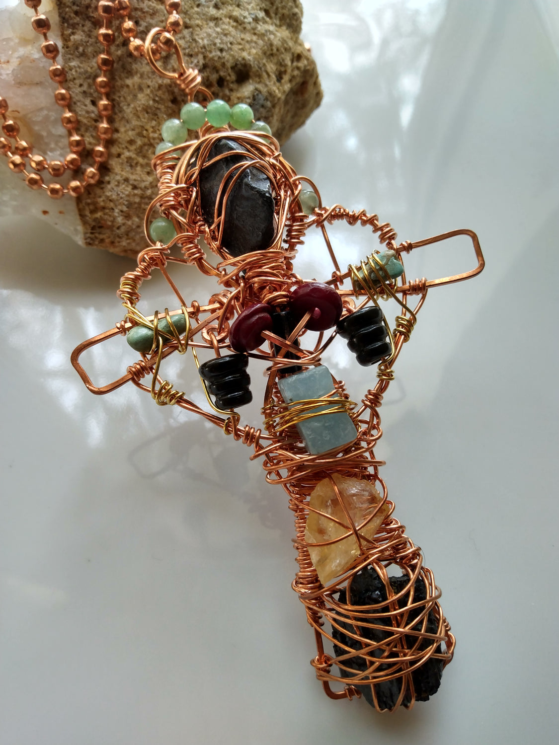 "Handcrafted wire wrapped copper cross pendant with Citrine, Aquamarine, Green Aventurine, Garnet, Onyx, and Black Tourmaline accompanied by copper ball chain- artisan gemstone jewelry"