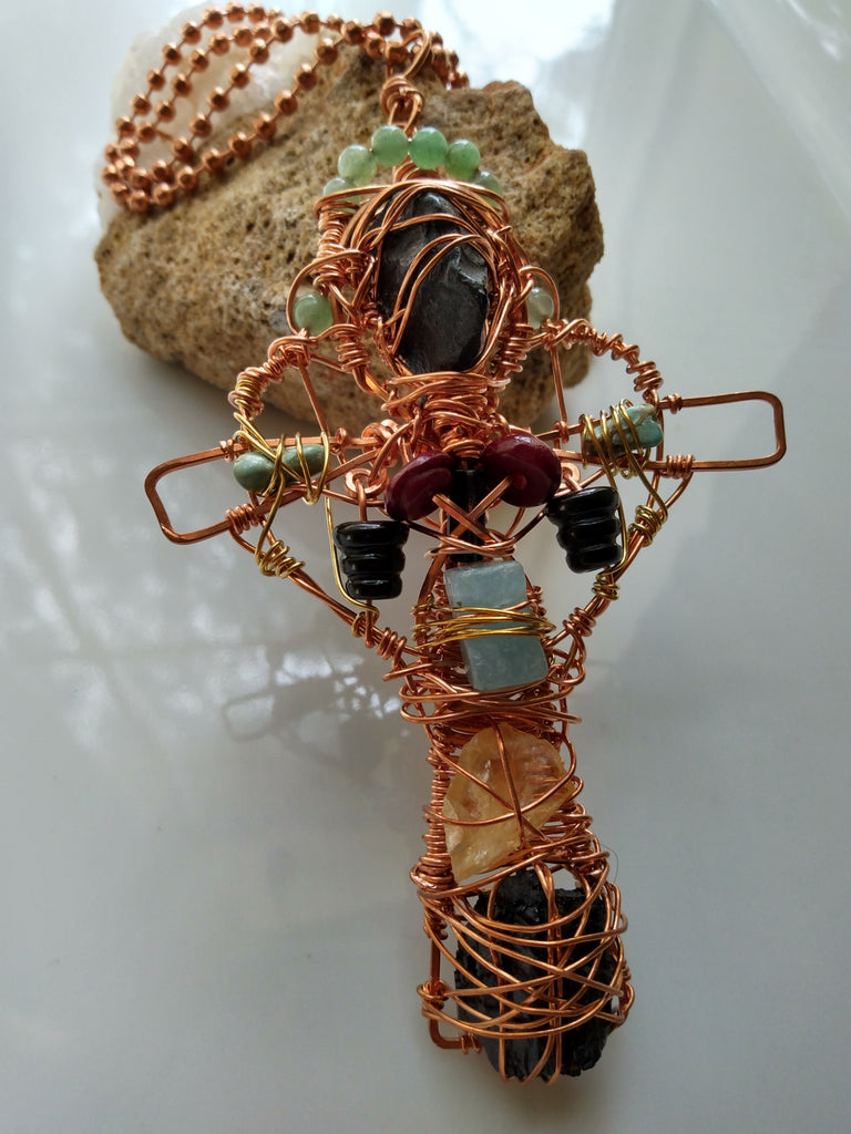 "Handcrafted wire wrapped copper cross pendant with Citrine, Aquamarine, Green Aventurine, Garnet, Onyx, and Black Tourmaline accompanied by copper ball chain- artisan gemstone jewelry"