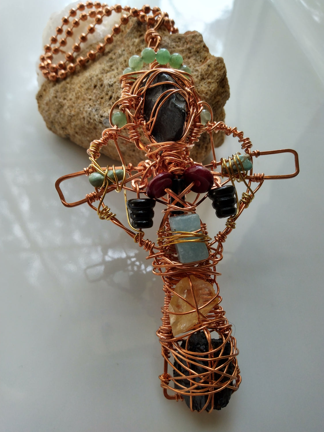 "Handcrafted wire wrapped copper cross pendant with Citrine, Aquamarine, Green Aventurine, Garnet, Onyx, and Black Tourmaline accompanied by copper ball chain- artisan gemstone jewelry"
