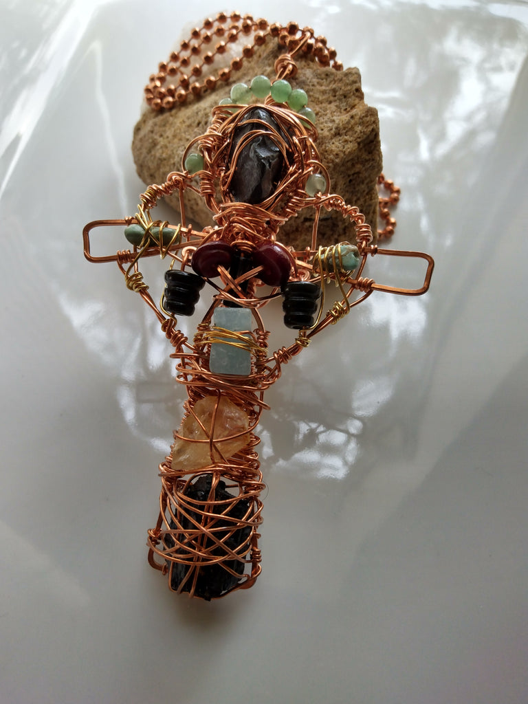 "Handcrafted wire wrapped copper cross pendant with Citrine, Aquamarine, Green Aventurine, Garnet, Onyx, and Black Tourmaline accompanied by copper ball chain- artisan gemstone jewelry"