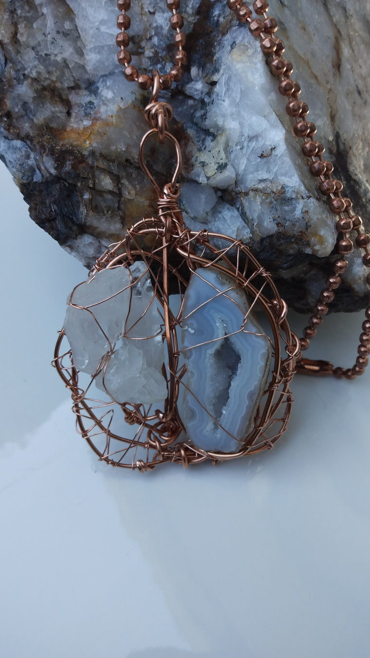 Clear Quartz Agate Copper Wire Wrapped Pendant