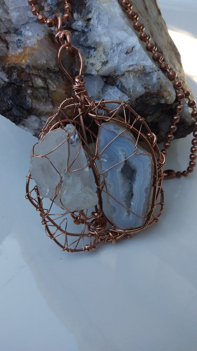 Clear Quartz Agate Copper Wire Wrapped Pendant