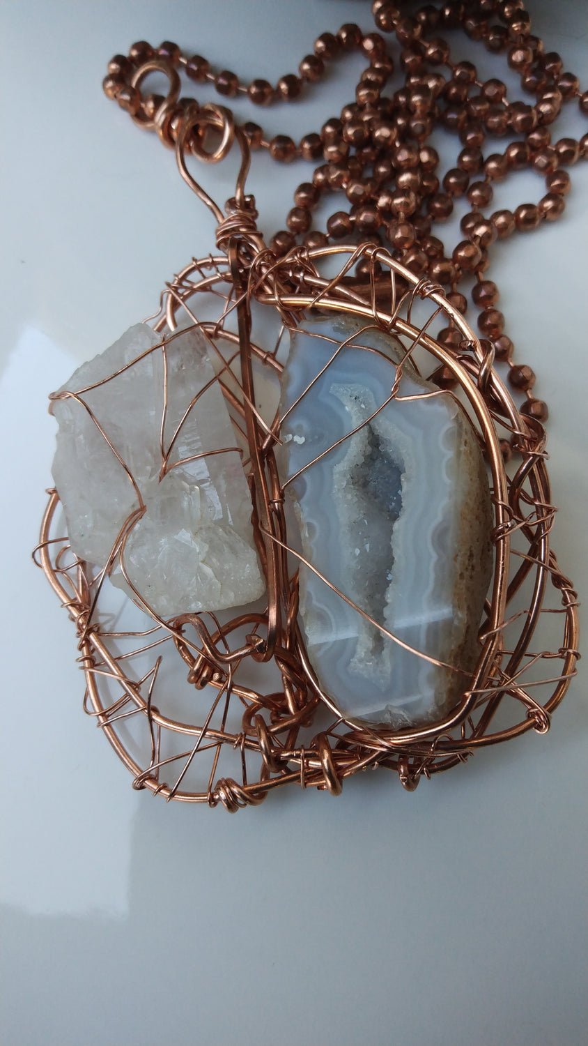 Clear Quartz Agate Copper Wire Wrapped Pendant