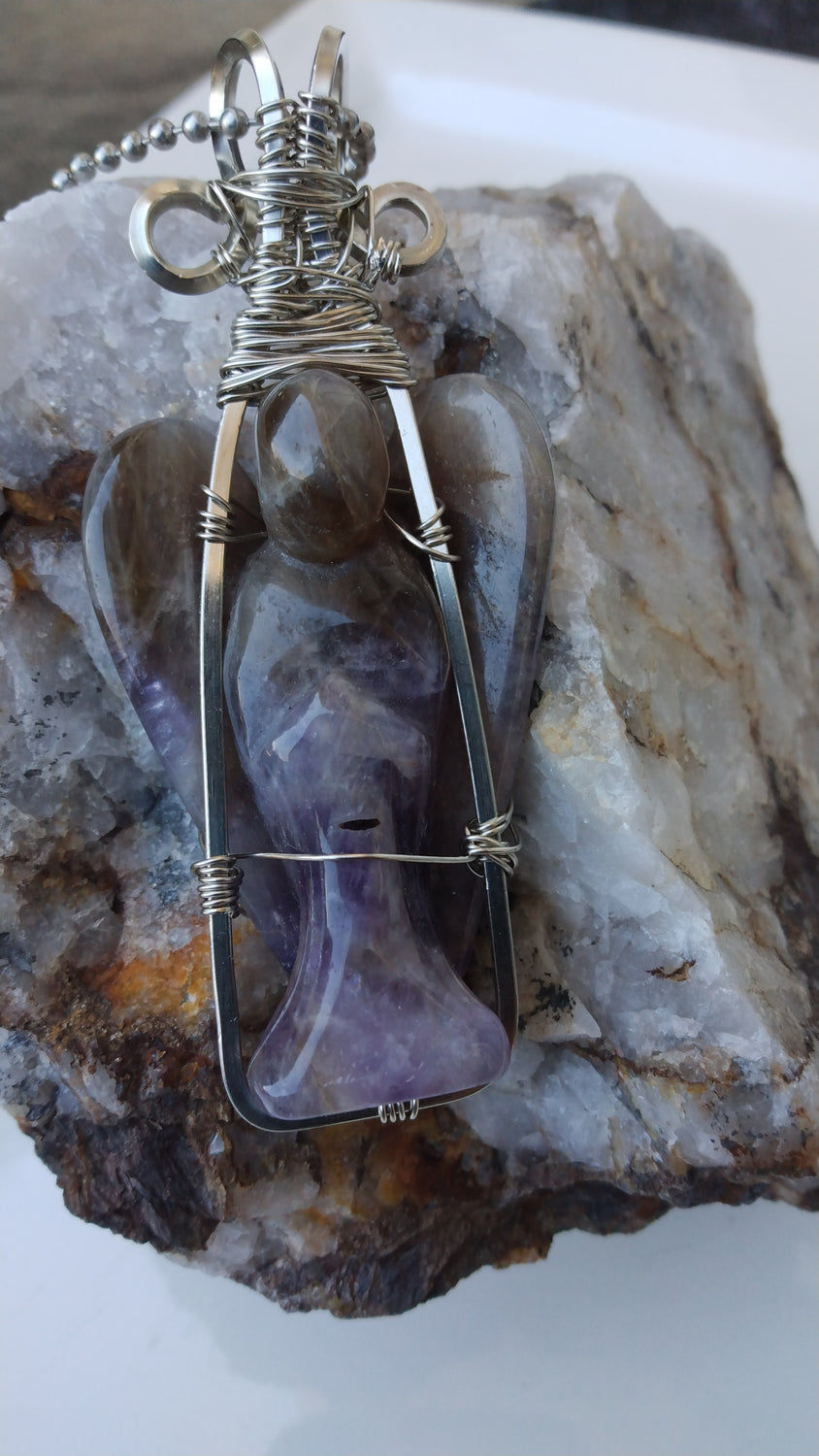 Wire Wrapped Amethyst Angel Pendant