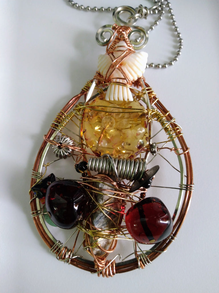 Assemblage Wire Wrapped Pendant + Stainless Steel Ball Chain Necklace #2