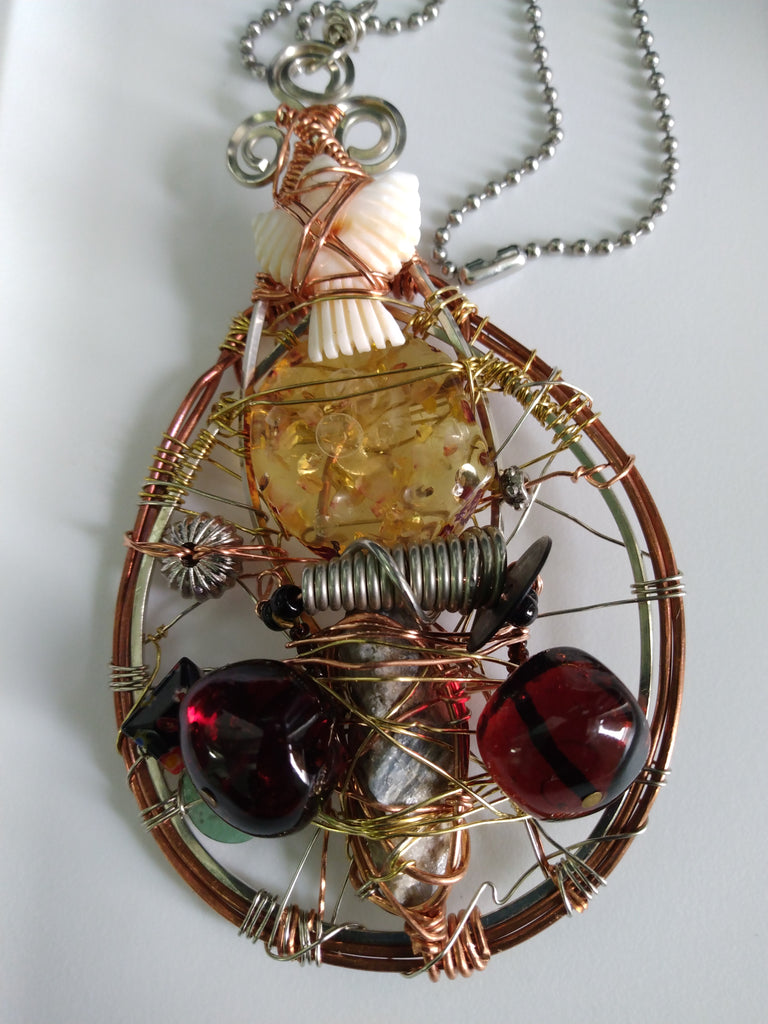 Assemblage Wire Wrapped Pendant + Stainless Steel Ball Chain Necklace #2