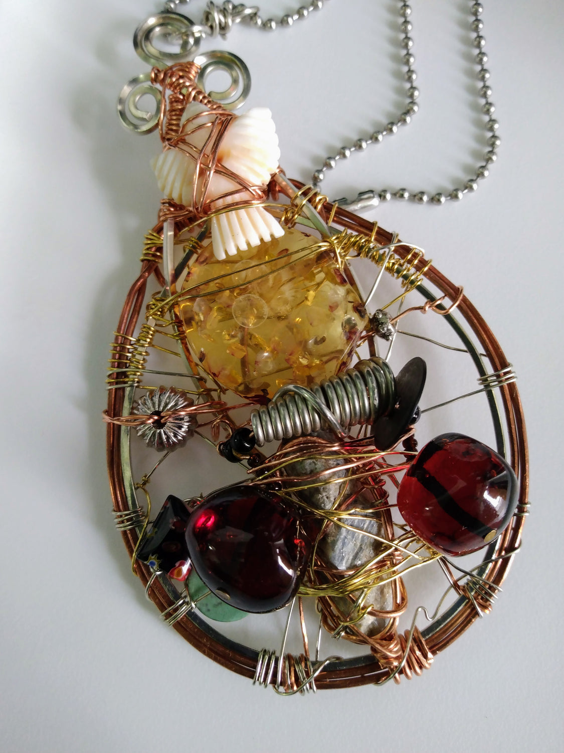 Assemblage Wire Wrapped Pendant + Stainless Steel Ball Chain Necklace #2