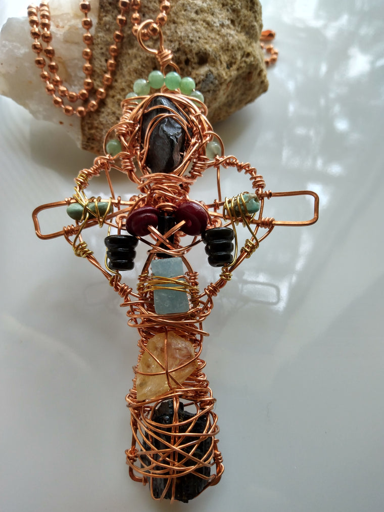 "Boho chic handcrafted crystal cross pendant - copper wire-wrapped necklace with Citrine, Aquamarine, Green Aventurine, Garnet, Onyx, and Black Tourmaline accompanied by copper ball chain- artisan gemstone jewelry for spiritual protection and elegant style"