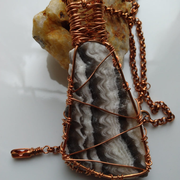 Zebra Jasper Natural Stone Copper Wire Wrapped Pendant + Copper Ball Chain Necklace