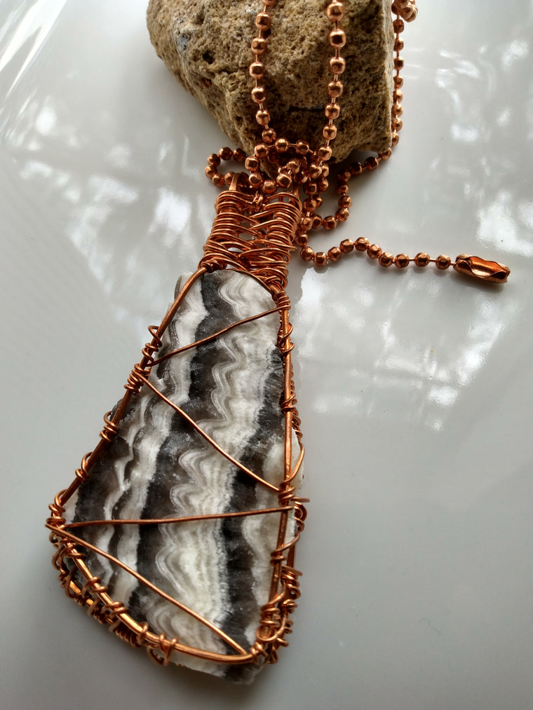 Zebra Jasper Natural Stone Copper Wire Wrapped Pendant + Copper Ball Chain Necklace