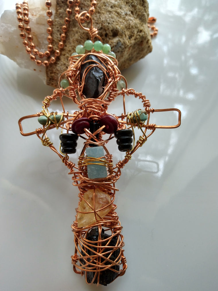 Multi Stone Cross Copper Wire Wrapped Pendant 