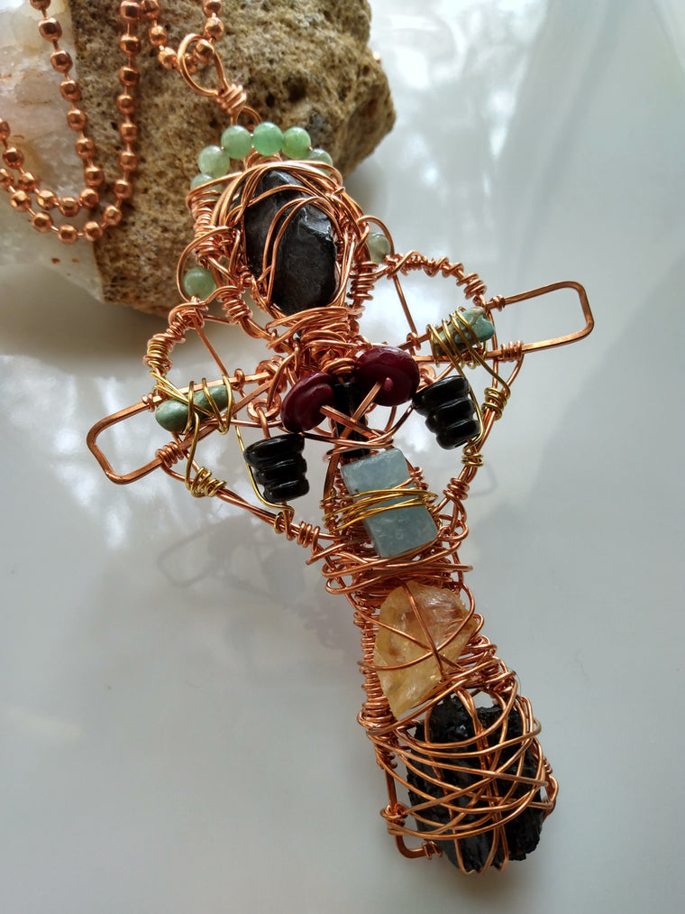 Multi Stone Cross Copper Wire Wrapped Pendant + Copper Ball Chain Necklace