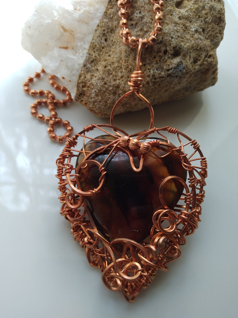 Amber Heart Shaped Stone Copper Wire Wrapped Pendant + Copper Ball Chain Necklace