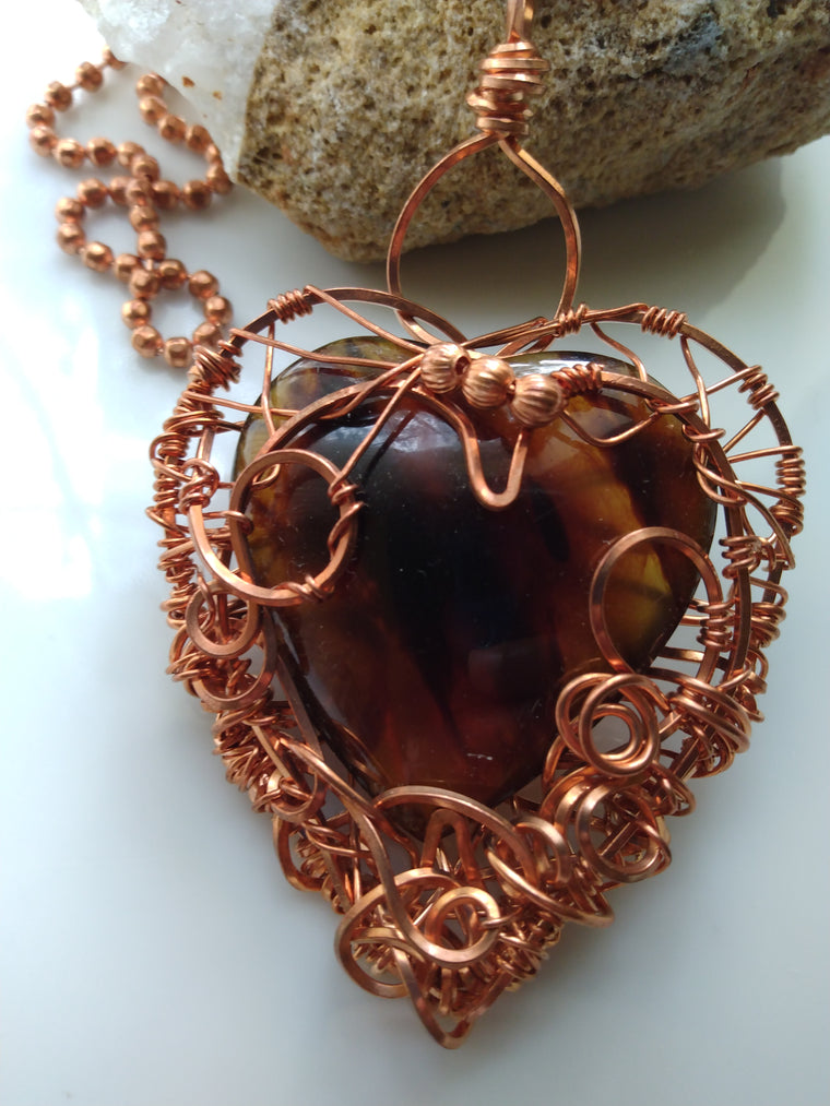 Amber Heart Shaped Stone Copper Wire Wrapped Pendant + Copper Ball Chain Necklace