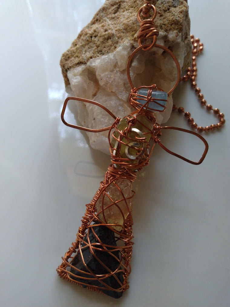 Multi Stone Cross Silver Copper Wire Wrapped Pendant + Copper Ball Chain Necklace