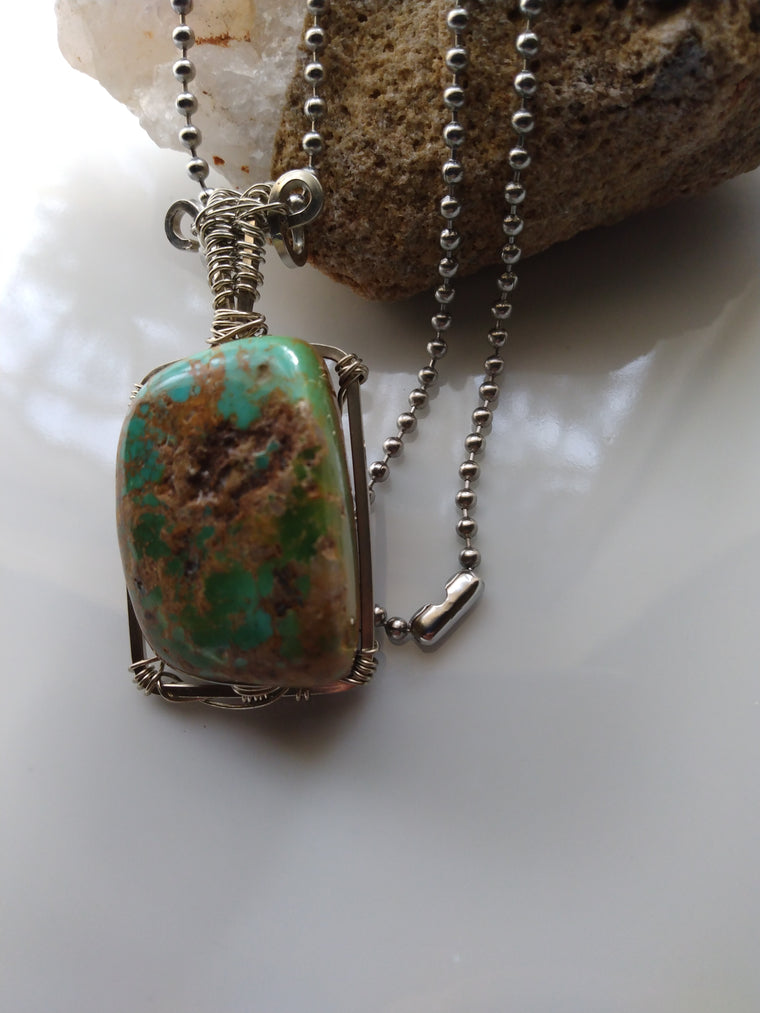 Turquoise Wire Wrapped Pendant + Stainless Steel Ball Chain Necklace