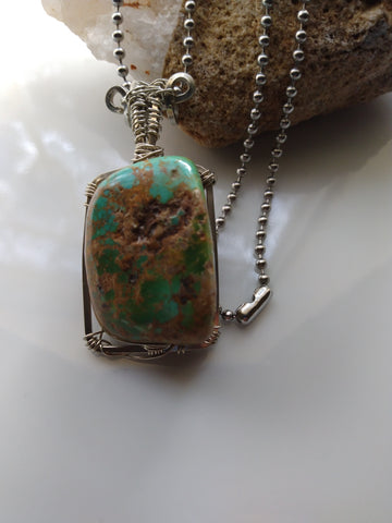 Turquoise Wire Wrapped Pendant + Stainless Steel Ball Chain Necklace
