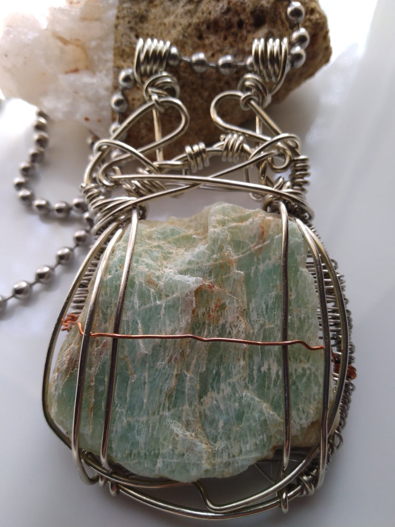 Amazonite Wire Wrapped Pendant Nickel Silver Copper + Stainless Steel Ball Chain Necklace