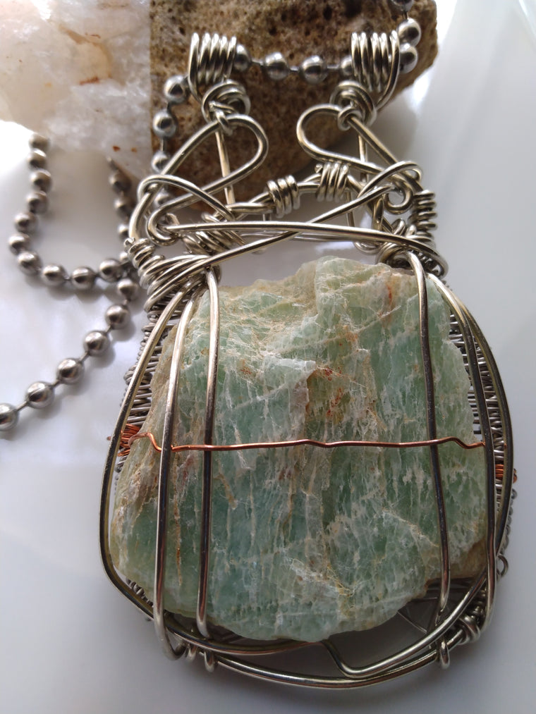 Amazonite Wire Wrapped Pendant Nickel Silver Copper + Stainless Steel Ball Chain Necklace