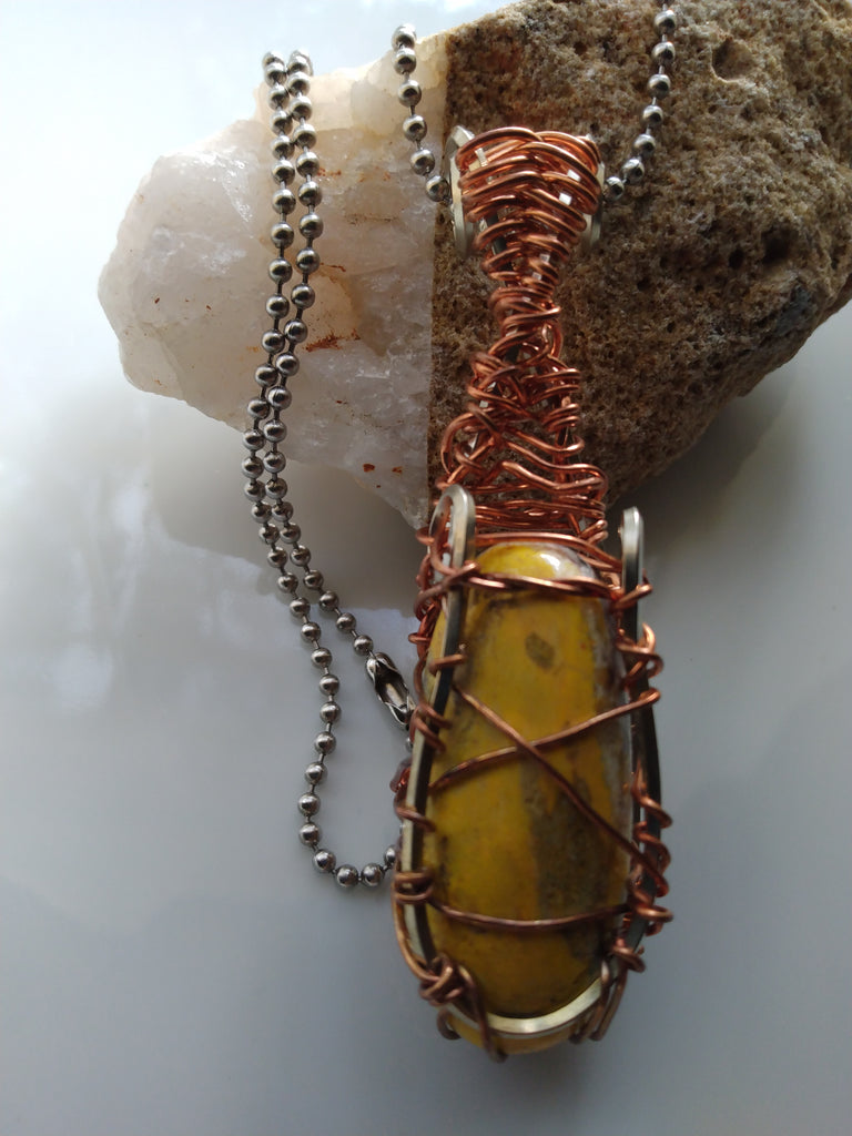 Bumblebee Jasper Wire Wrapped Pendant Nickel Silver Copper + Stainless Steel Ball Chain Necklace