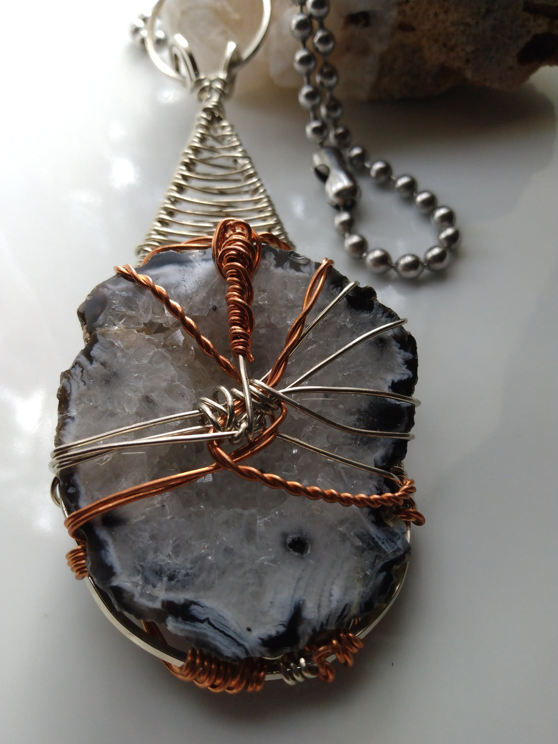 Geode Agate Wire Wrapped Pendant Copper Nickel + Stainless Steel Ball Chain Necklace