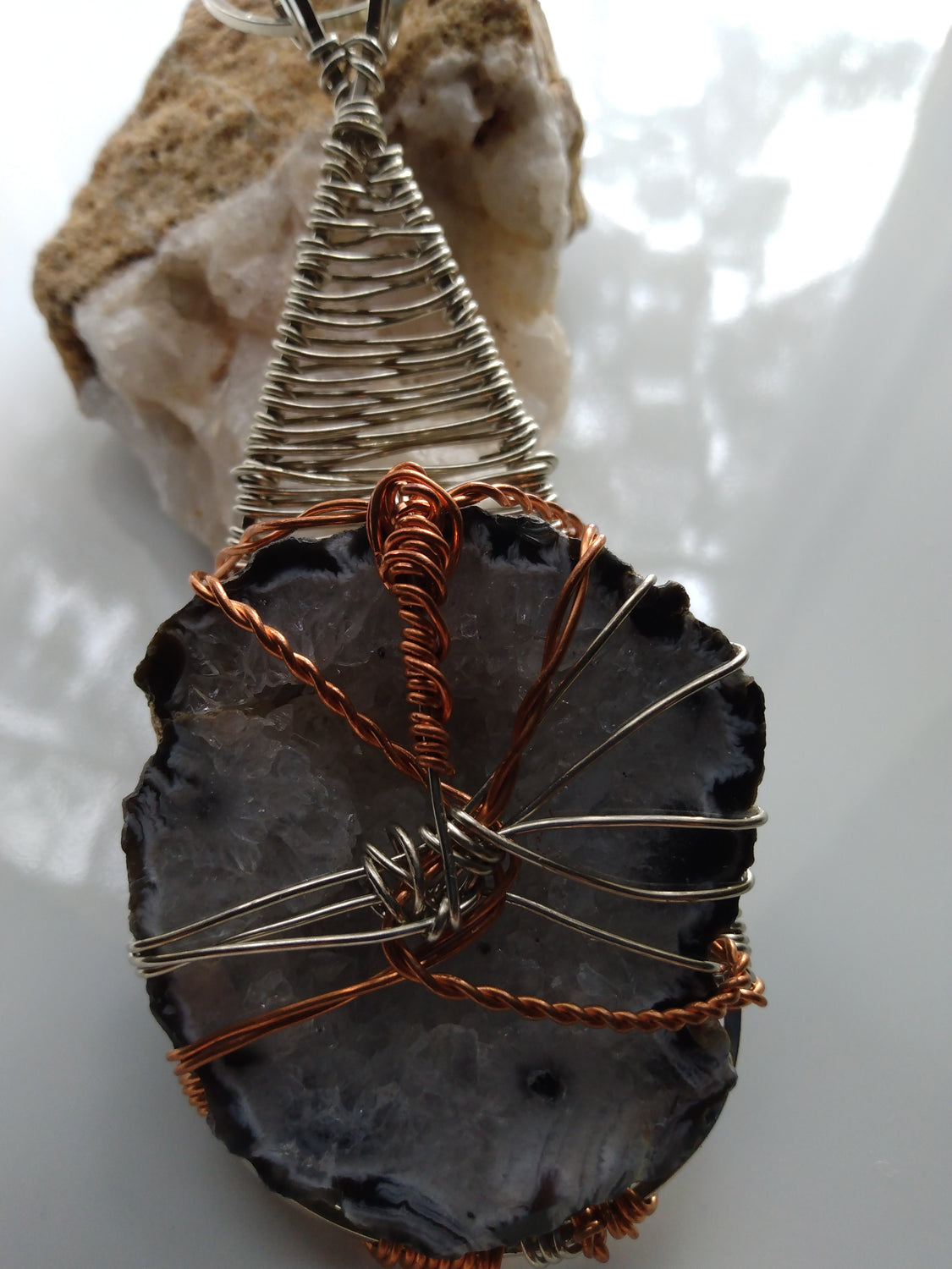 Geode Agate Wire Wrapped Pendant Copper Nickel + Stainless Steel Ball Chain Necklace