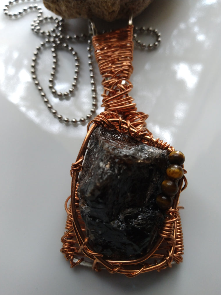 Smokey Quartz Wire Wrapped Copper Nickel Silver Pendant + Stainless Steel Ball Chain Necklace