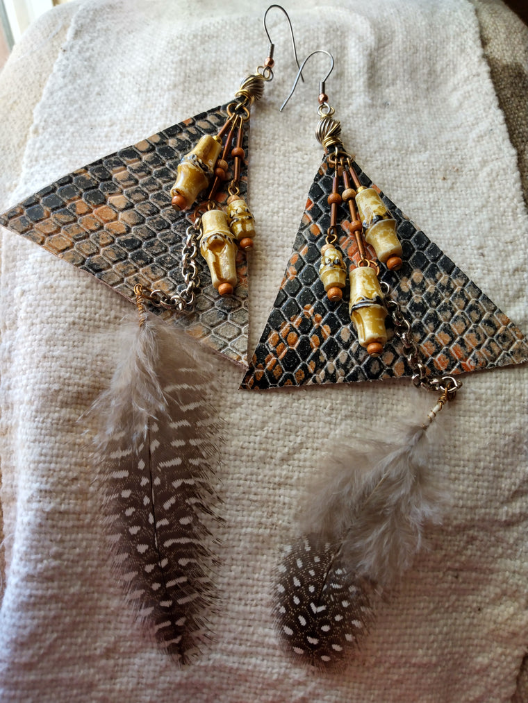 Earth tone Genuine Leather  Feather Wire Wrapped Earrings