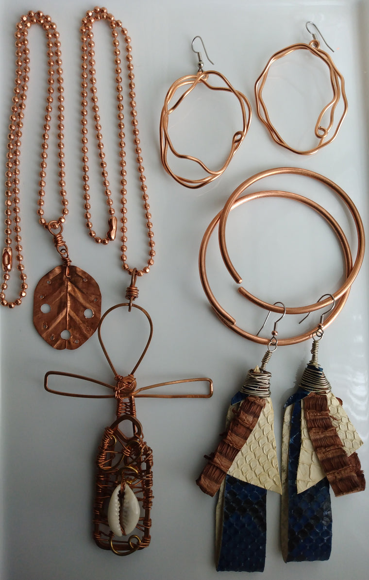 Rainy Day Special Copper Hoop Earrings + Copper Leaf Necklace + Copper Cowrie Cross Necklace + Copper Bangles + Genuine Leather Earrings