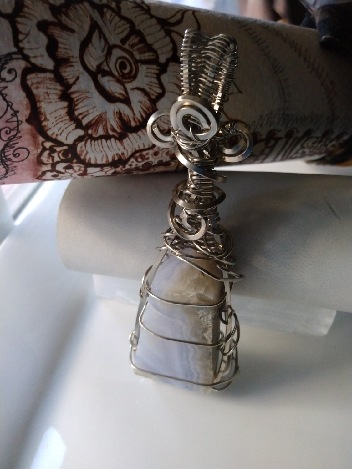 Wire Wrapped Blue Lace Agate Tower Pendant