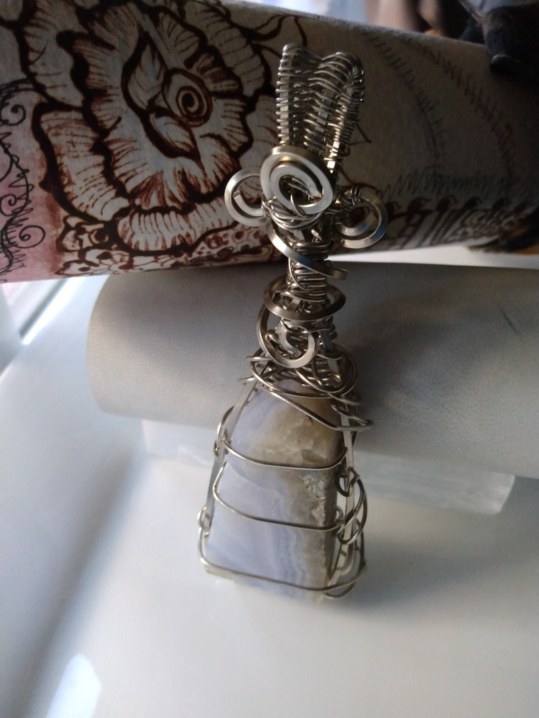 Wire Wrapped Blue Lace Agate Tower Pendant