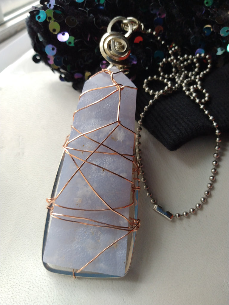 Blue Lace Agate Wire Wrapped Tower Pendant