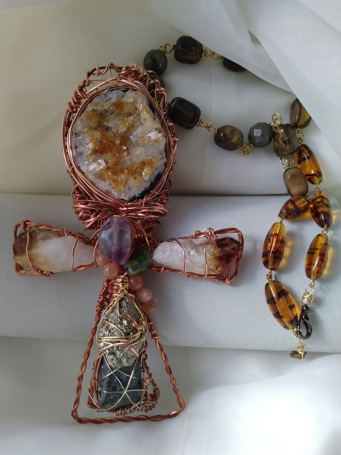 Hand wrapped citrine druzy ankh necklace with natural crystal and Egyptian  ankh symbol