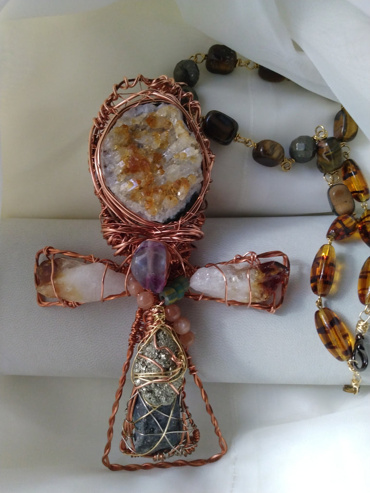 Hand-Wrapped Citrine Druzy Ankh Necklace | Copper Wire Crystal Statement Pendant | Norahz Boutique