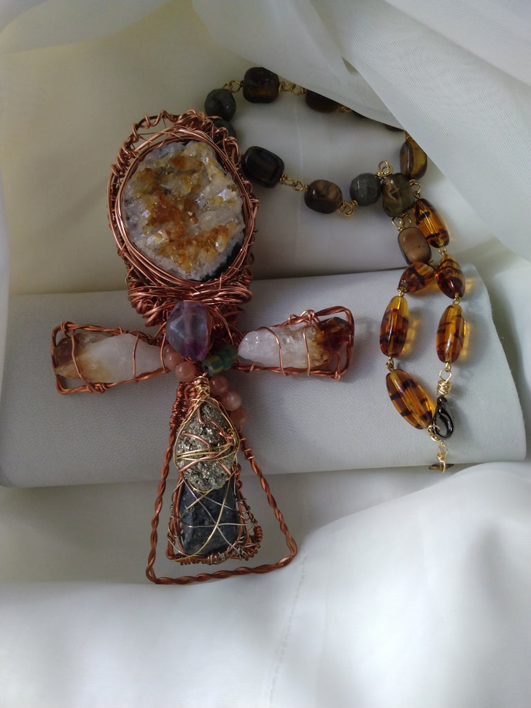 Hand-Wrapped Citrine Druzy Ankh Necklace | Copper Wire Crystal Statement Pendant | Norahz Boutique