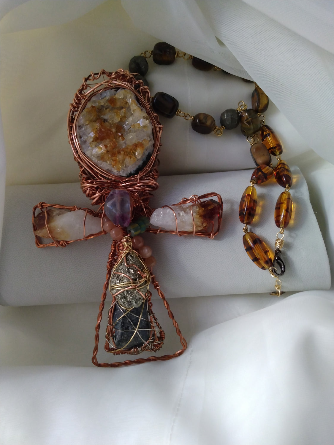 Hand-Wrapped Citrine Druzy Ankh Necklace | Copper Wire Crystal Statement Pendant | Norahz Boutique