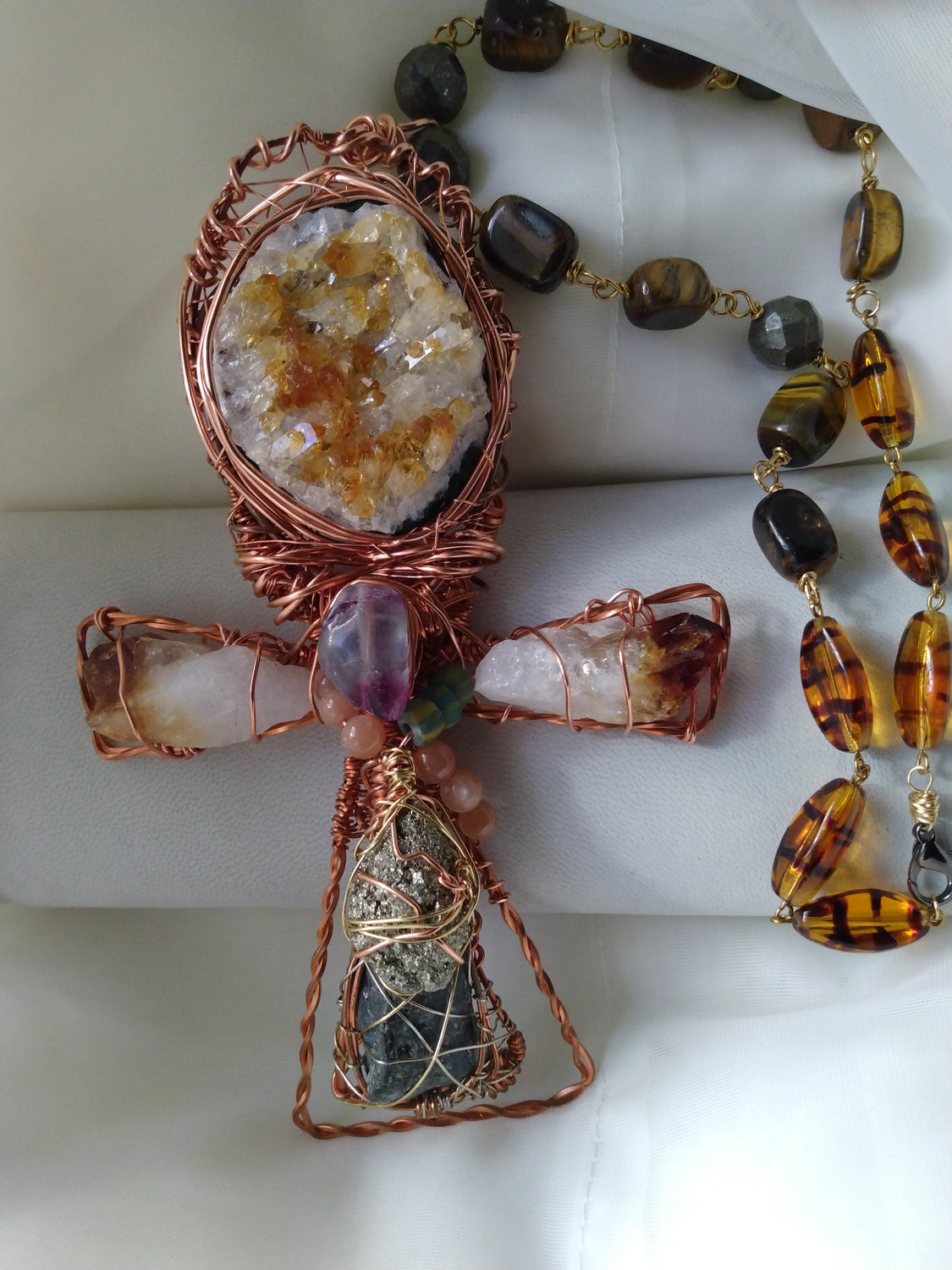 Hand-Wrapped Citrine Druzy Ankh Necklace | Copper Wire Crystal Statement Pendant | Norahz Boutique