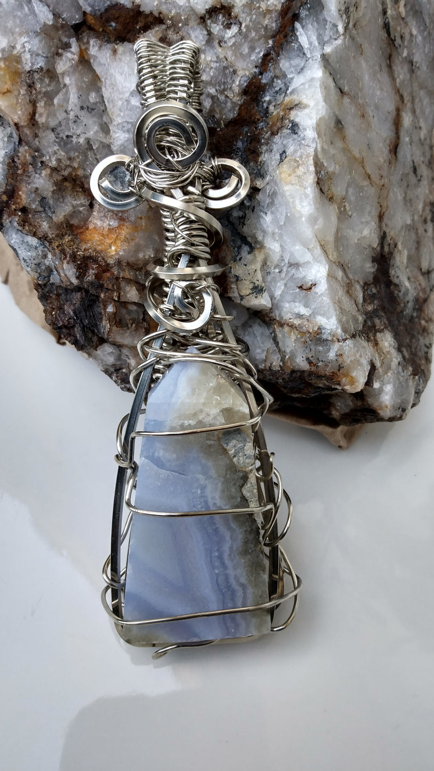 Wire Wrapped Blue Lace Agate Tower Pendant #1
