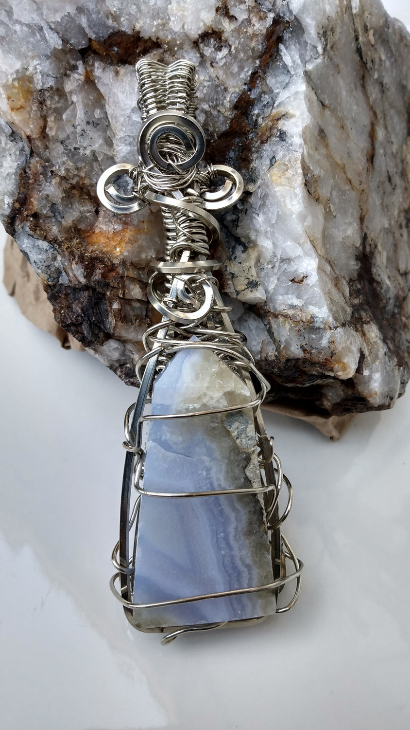 Wire Wrapped Blue Lace Agate Tower Pendant #1