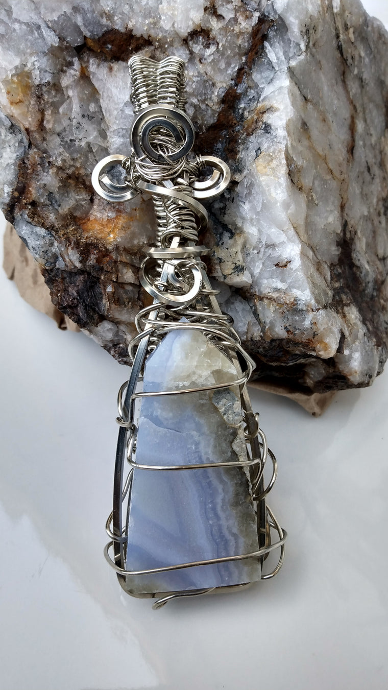 Wire Wrapped Blue Lace Agate Tower Pendant #1