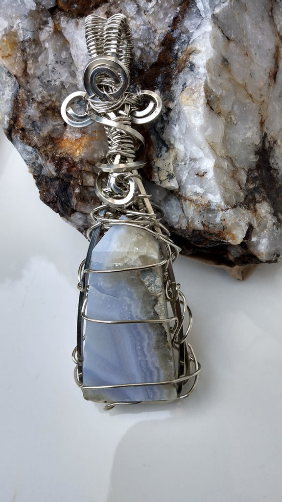 Wire Wrapped Blue Lace Agate Tower Pendant #1