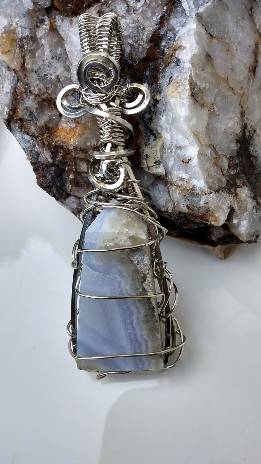 Wire Wrapped Blue Lace Agate Tower Pendant #1