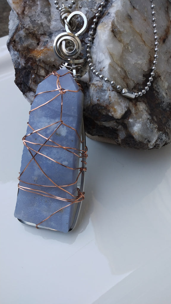 Wire Wrapped Blue Lace Agate Tower Pendant #2